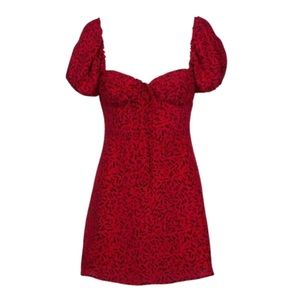 Red Puff Sleeve Tie Front Dress
